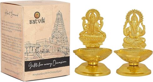 SATVIK Set of 1 Pc Laxmi Ganesha Pair Metal Diya Luxmi Ganpati Dia Lord Ganesh Lakshmi Murti Idol Statue Oil Lamp Decor Home Mandir Office Indian Hindu Diwali Pooja Pujan Housewarming Return Gift Item in Saudi Arabia