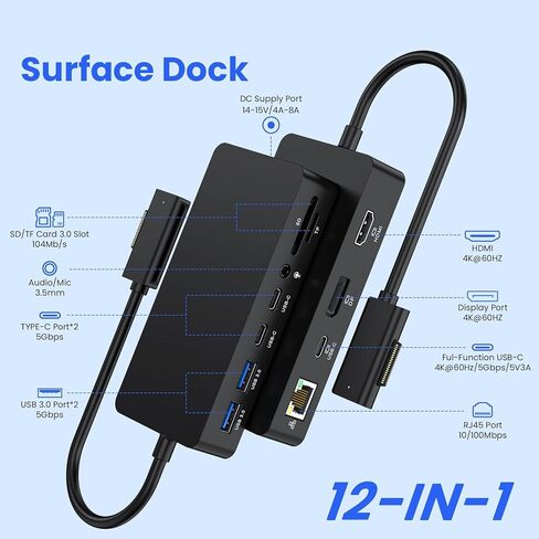 2026 جهاز Surface Dock الثلاثي الجديد يعرض 4K HDMI+DP+Thunderbolt 4، ومحطة إرساء Surface Pro 12 في 1 مع محول طاقة 120 واط لجهاز Surface Pro 11/10/9/8/X/7/6/5/4/3، وSurface Laptop، وSurface Book Go in Kuwait
