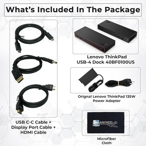 قاعدة إرساء Lenovo 40BF0100US USB4 لأجهزة الكمبيوتر المحمولة مع محول 135 واط وHDMI ومنفذ DisplayPort وكابلات USB C وقاعدة إرساء قماشية in Kuwait