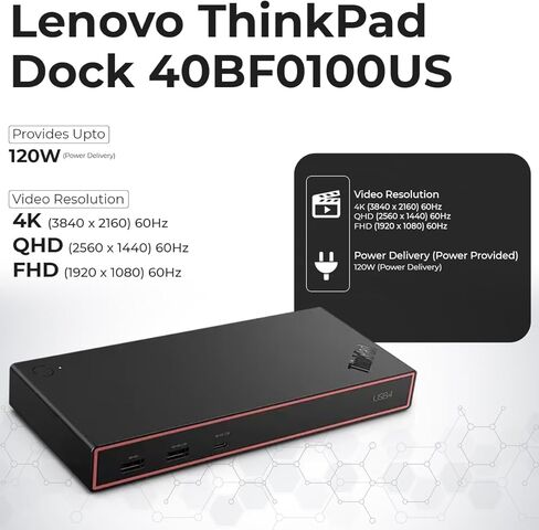 قاعدة إرساء Lenovo 40BF0100US USB4 لأجهزة الكمبيوتر المحمولة مع محول 135 واط وHDMI ومنفذ DisplayPort وكابلات USB C وقاعدة إرساء قماشية in Kuwait