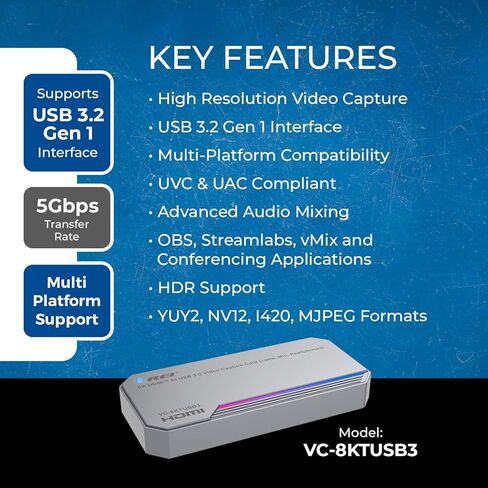 بطاقة التقاط HDMI OREI 4K@60 هرتز للبث، بطاقة التقاط USB 3.0 HDMI إلى USB مع دعم إدخال 8K@60 هرتز، بطاقة التقاط فيديو 4K@60 إطارًا في الثانية، التوصيل والتشغيل لـ OBS، الكمبيوتر الشخصي، Mac، Linux in Kuwait