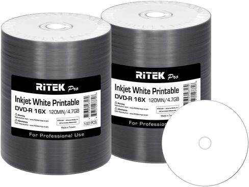 200 Pack Ritek Pro (Professional Grade) DVD-R 16X 4.7GB AZO Dye (MID MXL RG04) White Inkjet Hub Printable Blank Media Recordable Disc in Kuwait