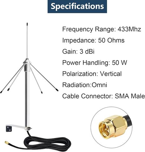 433MHz Omni External Antenna 3dbi Aerial W/10FT (3M) Coaxial Cable SMA Male and Mounting Bracket for Wireless Routers Electric Gate Opener Signal Booster Cellular Telephone Handsets Garage Door in Kuwait