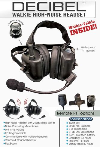 سماعة رأس Blackbox DECIBEL Walkie-Talkie عالية الضوضاء مع راديو مدمج ثنائي الاتجاه، ميكروفون على الجانب الأيسر، 1 وات UHF، 32 ديسيبل NRR، ميكروفون بوم لإلغاء الضوضاء، 16 قناة، خيارات PTT عن بعد in Kuwait