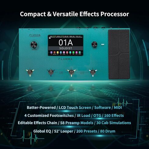 معالج FLAMMA FX200 متعدد التأثيرات يعمل بالبطارية، شاشة LCD تعمل باللمس مقاس 5 بوصات، منفذ MIDI قابل للبرمجة، تسجيل صوت USB واسع النطاق للإدخال والإخراج، 58 نموذج Preamp، 30 محاكاة للخزانة in Kuwait