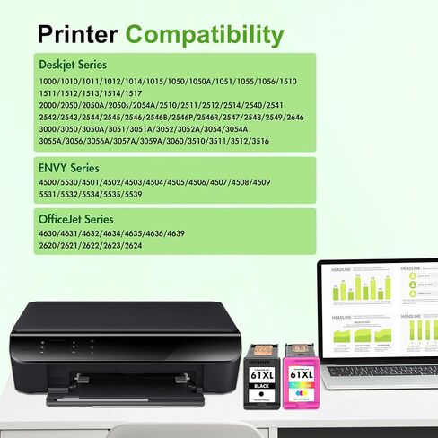 خرطوشة حبر 61XL 61 لطابعات HP بديل معاد تصنيعه لحزمة HP Ink 61 باللون الأسود والألوان لطابعة Envy 4500 5530 4502 OfficeJet 4630 DeskJet 2540 (أسود ثلاثي الألوان) in Kuwait