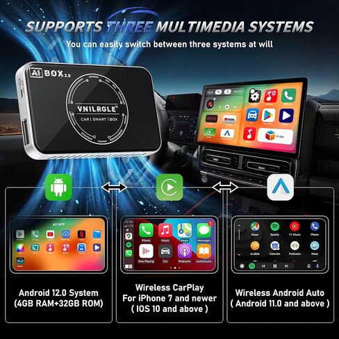 محول VNILRGLE 4 في 1 اللاسلكي CarPlay ومحول Android اللاسلكي للسيارة، متوافق مع خدمات البث مثل Netflix وYouTube، ووظائف تقسيم الشاشة والنسخ المتطابق (فضي) in Kuwait