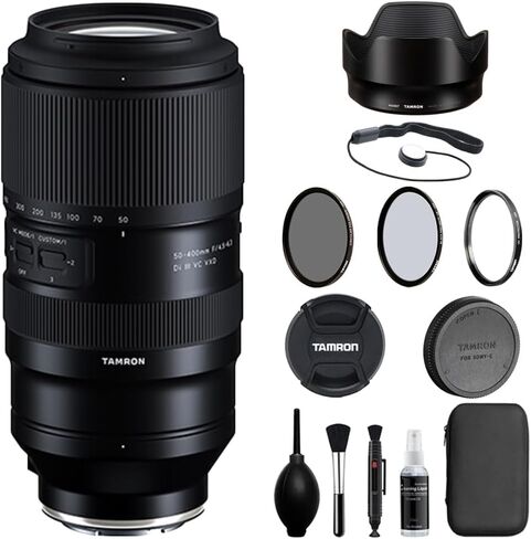 Tamron 50-400mm f/4.5-6.3 Di III VC VXD Lens Compatible with E Mount (Full Frame) Bundle with Tiffen Filter Set + Lens Cap Keeper + Cleaning Kit + Cleaning Cloth (5 Items) in Kuwait