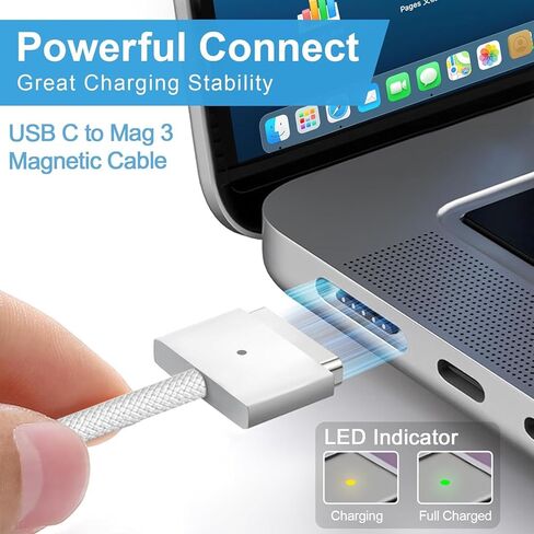 شاحن Mac Book Pro بقدرة 96 وات، شاحن محول طاقة USB-C لـ 14 16 بوصة 2021 2023 M1 M2، 13 15 بوصة M2 M3 2022 2023 2024، كابل USB-C مغناطيسي مجدول بطول 6.6 قدم إلى Mag 3 مع مؤشر LED in Kuwait
