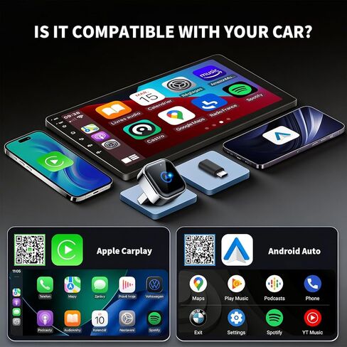 محول CarPlay اللاسلكي وAndroid Auto، تصميم ألومنيوم صغير الحجم للغاية مع تقنية النطاق المزدوج، USB-C/USB-A متوافق مع مركبات CarPlay السلكية in Kuwait