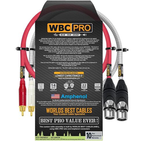 زوج كبل RCA إلى XLR (أنثى) بطول 2 قدم - WBC-PRO-LOCAP منخفض السعة (14pF/قدم) 22 AWG لعشاق الصوت فائق الصمت وكابل توصيل صوتي بدرجة احترافية - مقابس أمفينول وسترات تويد حمراء وفضية in Kuwait
