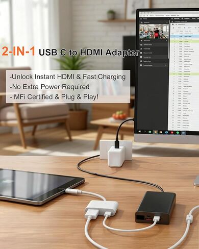 محول USB C إلى Hdmi لهاتف iPhone 4K@60 هرتز من النوع C إلى محول Hdmi 100 وات شحن متوافق مع iPhone 17/16/15 Series MacBook ipad Pro إلى شاشة عرض HDTV لا يحتاج إلى طاقة للتوصيل والتشغيل in Kuwait