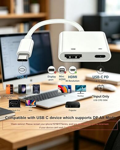 محول USB C إلى Hdmi لهاتف iPhone 4K@60 هرتز من النوع C إلى محول Hdmi 100 وات شحن متوافق مع iPhone 17/16/15 Series MacBook ipad Pro إلى شاشة عرض HDTV لا يحتاج إلى طاقة للتوصيل والتشغيل in Kuwait