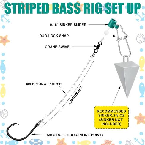 5 Pack Slider Fishing Rigs 6/0 Circle Hook with 3ft 60lb Monofilament 10 Pcs Leader Fishing Line Sinker Slides for Striped Bass for Surf Beach Boat Fish in Kuwait