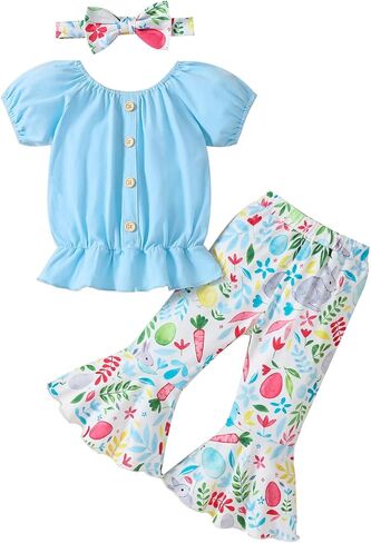 Guodeunh Toddler Baby Girl Easter Outfits Girl Short Sleeve Shirt Top Bunny Bell Bottom Flared Pants Set Summer Clothes 1-5Y in Saudi Arabia