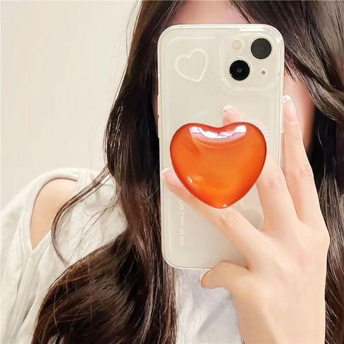 Cute Orange Heart Phone Grip - Large 3D Collapsible Crystal Phone Holder & Stand for Kindle, iPhone 17 16 15 14 13 Pro Max, iPad, Tablet | Phone Charms & Accessories Gift for Women in Kuwait