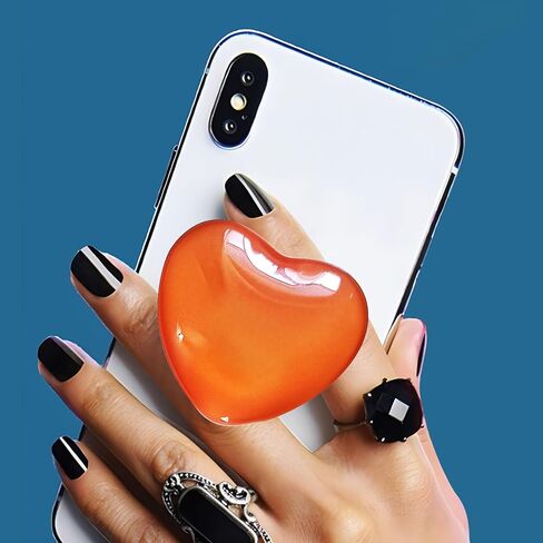 Cute Orange Heart Phone Grip - Large 3D Collapsible Crystal Phone Holder & Stand for Kindle, iPhone 17 16 15 14 13 Pro Max, iPad, Tablet | Phone Charms & Accessories Gift for Women in Kuwait