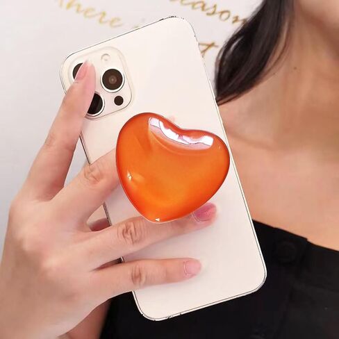 Cute Orange Heart Phone Grip - Large 3D Collapsible Crystal Phone Holder & Stand for Kindle, iPhone 17 16 15 14 13 Pro Max, iPad, Tablet | Phone Charms & Accessories Gift for Women in Kuwait