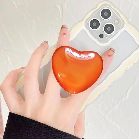 Cute Orange Heart Phone Grip - Large 3D Collapsible Crystal Phone Holder & Stand for Kindle, iPhone 17 16 15 14 13 Pro Max, iPad, Tablet | Phone Charms & Accessories Gift for Women in Kuwait