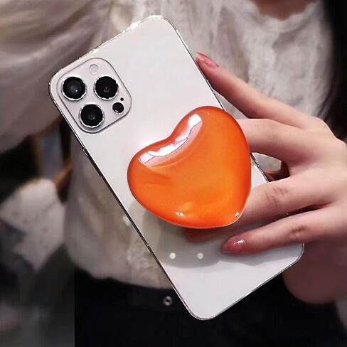 Cute Orange Heart Phone Grip - Large 3D Collapsible Crystal Phone Holder & Stand for Kindle, iPhone 17 16 15 14 13 Pro Max, iPad, Tablet | Phone Charms & Accessories Gift for Women in Kuwait