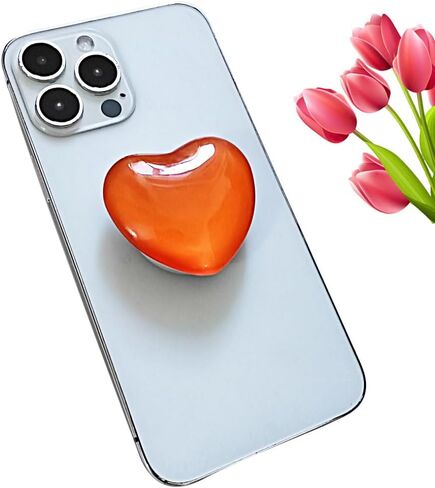 Cute Orange Heart Phone Grip - Large 3D Collapsible Crystal Phone Holder & Stand for Kindle, iPhone 17 16 15 14 13 Pro Max, iPad, Tablet | Phone Charms & Accessories Gift for Women in Kuwait