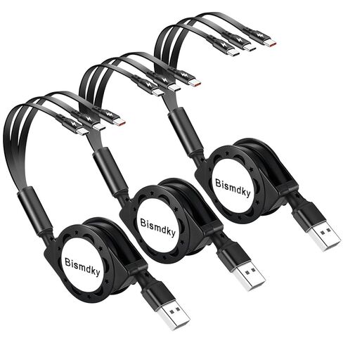 3 عبوات كابل مقسم USB C قابل للسحب 3 في 1 ونقل البيانات، شحن سريع QC3.0 سلك متعدد مع محول منفذ من النوع C، لهواتف iPhone 17/16/15 Series iPad وAndroid والهواتف الذكية اللوحية (أسود) in Kuwait