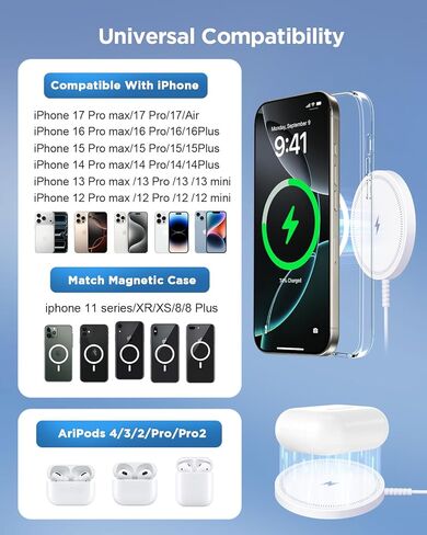 شاحن مغناطيسي لاسلكي Magsafe iPhone: لوحة شحن لسلسلة iPhone 17/16/15/14/13/12 وAirPods Pro 4-2، مغناطيس قوي، منافذ مزدوجة، صديق للحافظة، خفيف الوزن للسفر والمكتب المنزلي in Kuwait
