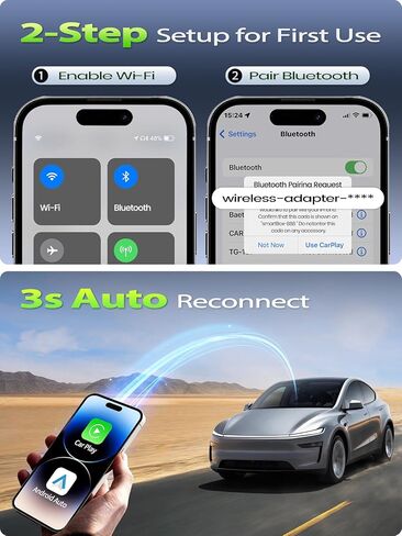 محول CarPlay اللاسلكي لأجهزة Apple - محول Android Auto اللاسلكي، دونجل Wi-Fi Zero-Lag بسرعة 5 جيجا هرتز، اتصال تلقائي مستقر، USB-A & C مطلي بالذهب لجميع سيارات CarPlay السلكية 2016+، توصيل وتشغيل صغير in Kuwait