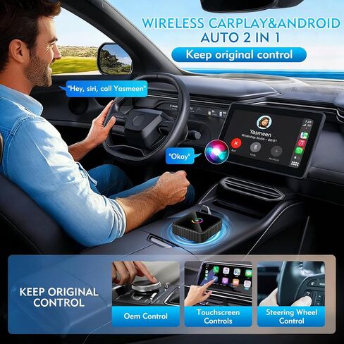 Wireless CarPlay Adapter, 2-in-1 Mini CarPlay & Android Auto Wireless Adapter, Plug & Play, Auto Connect, Car Accessories, Car Play Dongle Compatible with iPhone & Android in Kuwait