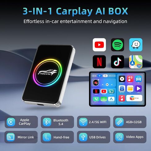 محول Autolinkr اللاسلكي CarPlay، صندوق Magic AI Box، 3 في 1 Apple CarPlay ومحول Android التلقائي - قم بتوصيل وتشغيل دونجل USB مع واي فاي مزدوج 6، بلوتوث، يناسب سيارات CarPlay السلكية OEM in Kuwait