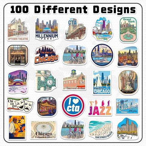 ملصقات شيكاغو 200 قطعة، حزمة ملصقات السفر شيكاغو مع 100 تصميم، شارات الفينيل المقاومة للماء لأجهزة الكمبيوتر المحمولة وزجاجات المياه وسجلات القصاصات ومجلات السفر in Kuwait