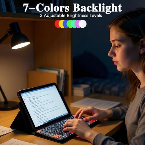 Foldable Keyboard with Backlit, Ultra Light Portable Wireless Keyboard with Adjustable Angle Stand & Leather Case,Compact Travel Bluetooth Keyboard for iPad mini,iPhone, Windows, iOS & Android in Kuwait