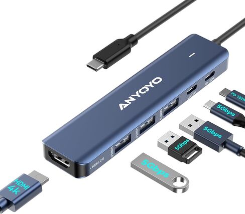 محطة إرساء ANYOYO، محول USB C متعدد المنافذ 6 في 1 مع HDMI 4K، 4 * USB 5 جيجابت في الثانية (3A+1C)، محور USB ألومنيوم 100 وات PD لأجهزة MacBook Pro/Air، وأجهزة الكمبيوتر المحمولة والأجهزة الأخرى (لا يدعم USB-C إخراج الفيديو) in Kuwait
