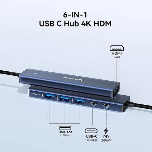 محطة إرساء ANYOYO، محول USB C متعدد المنافذ 6 في 1 مع HDMI 4K، 4 * USB 5 جيجابت في الثانية (3A+1C)، محور USB ألومنيوم 100 وات PD لأجهزة MacBook Pro/Air، وأجهزة الكمبيوتر المحمولة والأجهزة الأخرى (لا يدعم USB-C إخراج الفيديو) in Kuwait
