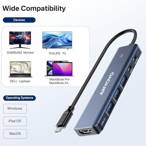 محطة إرساء ANYOYO، محول USB C متعدد المنافذ 6 في 1 مع HDMI 4K، 4 * USB 5 جيجابت في الثانية (3A+1C)، محور USB ألومنيوم 100 وات PD لأجهزة MacBook Pro/Air، وأجهزة الكمبيوتر المحمولة والأجهزة الأخرى (لا يدعم USB-C إخراج الفيديو) in Kuwait