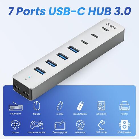 موزع EJAY 7 منافذ USB 3.0 مع 4 USB-A و3 USB-C، مقسم USB من الألومنيوم لأجهزة الكمبيوتر المحمول/سطح المكتب/PS5، محول USB C إلى USB Hub متعدد المنافذ، محور USB 5 جيجابت في الثانية لمحركات الأقراص المحمولة، iMac، XPS، فضي in Kuwait