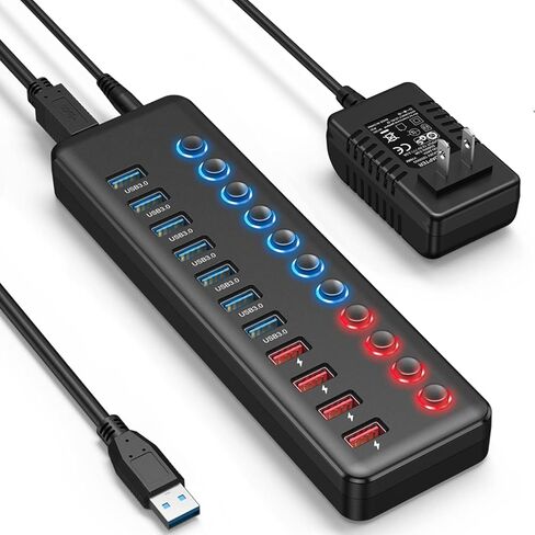 موزع USB 3.0 مزود بـ 11 منفذًا - 7 منافذ بيانات عالية السرعة و4 منافذ شحن ذكية | مفاتيح تشغيل/إيقاف LED فردية ومحول طاقة 12 فولت/5 أمبير | لأجهزة الكمبيوتر المحمول، وأجهزة الكمبيوتر الشخصية، وأجهزة Mac، وسطح المكتب، وWindows، وLinux in Kuwait