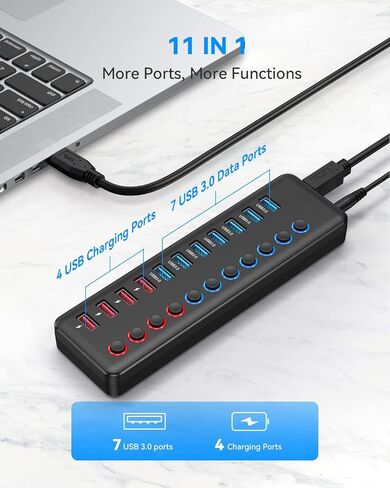 موزع USB 3.0 مزود بـ 11 منفذًا - 7 منافذ بيانات عالية السرعة و4 منافذ شحن ذكية | مفاتيح تشغيل/إيقاف LED فردية ومحول طاقة 12 فولت/5 أمبير | لأجهزة الكمبيوتر المحمول، وأجهزة الكمبيوتر الشخصية، وأجهزة Mac، وسطح المكتب، وWindows، وLinux in Kuwait