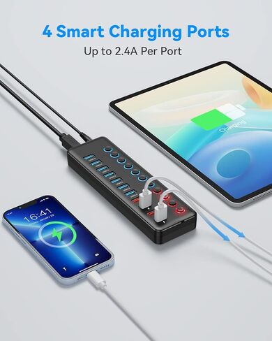 موزع USB 3.0 مزود بـ 11 منفذًا - 7 منافذ بيانات عالية السرعة و4 منافذ شحن ذكية | مفاتيح تشغيل/إيقاف LED فردية ومحول طاقة 12 فولت/5 أمبير | لأجهزة الكمبيوتر المحمول، وأجهزة الكمبيوتر الشخصية، وأجهزة Mac، وسطح المكتب، وWindows، وLinux in Kuwait