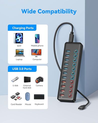 موزع USB 3.0 مزود بـ 11 منفذًا - 7 منافذ بيانات عالية السرعة و4 منافذ شحن ذكية | مفاتيح تشغيل/إيقاف LED فردية ومحول طاقة 12 فولت/5 أمبير | لأجهزة الكمبيوتر المحمول، وأجهزة الكمبيوتر الشخصية، وأجهزة Mac، وسطح المكتب، وWindows، وLinux in Kuwait