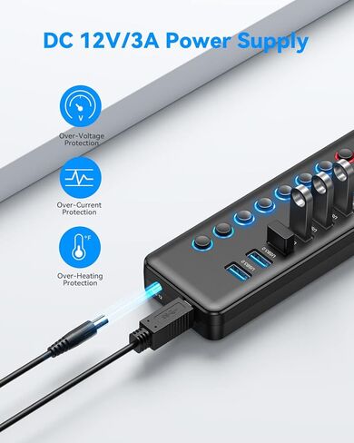 موزع USB 3.0 مزود بـ 11 منفذًا - 7 منافذ بيانات عالية السرعة و4 منافذ شحن ذكية | مفاتيح تشغيل/إيقاف LED فردية ومحول طاقة 12 فولت/5 أمبير | لأجهزة الكمبيوتر المحمول، وأجهزة الكمبيوتر الشخصية، وأجهزة Mac، وسطح المكتب، وWindows، وLinux in Kuwait