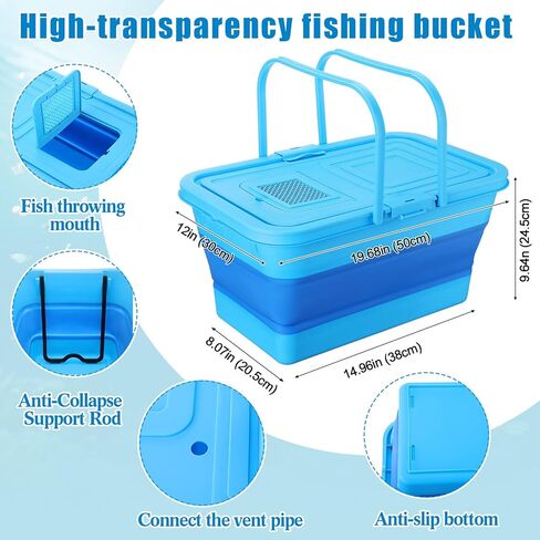 Geetery Live Bait Bucket with Solar Aerator, 20l Foldable Fishing Bucket, Portable Quiet Oxygen Pump, Collapsible Minnow Tank for Outdoor Fishing in Kuwait