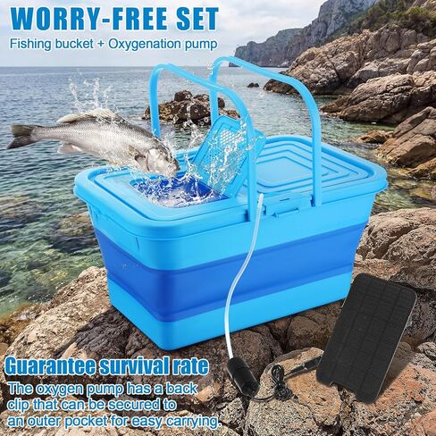 Geetery Live Bait Bucket with Solar Aerator, 20l Foldable Fishing Bucket, Portable Quiet Oxygen Pump, Collapsible Minnow Tank for Outdoor Fishing in Kuwait