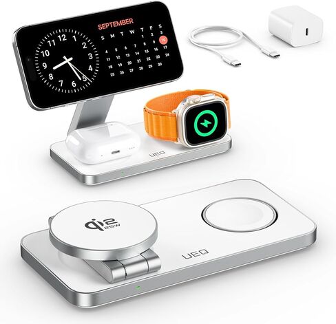 محطة شحن UEQ 3 في 1 لأجهزة Apple، حامل شاحن لاسلكي مغناطيسي فائق السرعة QI2.2 25 وات، متوافق مع MagSafe، شاحن سفر قابل للطي لأجهزة iPhone Air/17/16/15/14/13/12، وساعة Apple، وAirPods in Kuwait
