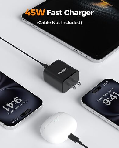 TESSAN 45W GaN USB C Charger Block, Type C Charger Fast Charging Compatible with iPhone 15/16/17 Series, iPad Pro/Air, Samsung Galaxy S24/S25 Series, Google Pixel 8/7 Series, and More (Black, 2 Pack) in Kuwait