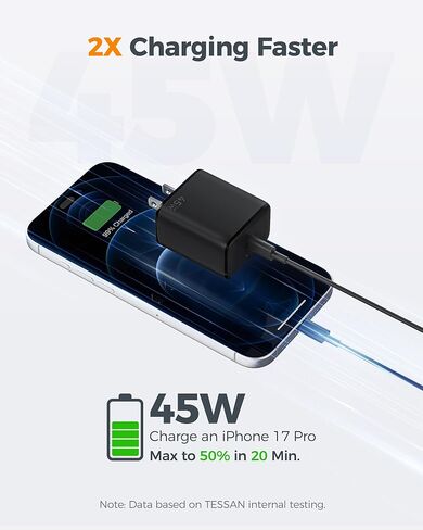 TESSAN 45W GaN USB C Charger Block, Type C Charger Fast Charging Compatible with iPhone 15/16/17 Series, iPad Pro/Air, Samsung Galaxy S24/S25 Series, Google Pixel 8/7 Series, and More (Black, 2 Pack) in Kuwait
