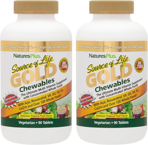 Natures Plus Source of Life GOLD Chewables - 90 Vegetarian Tablets - Tropical Fruit Flavor - Natural Whole Food Multivitamin & Mineral Supplement - Gluten Free - 30 Servings in Saudi Arabia
