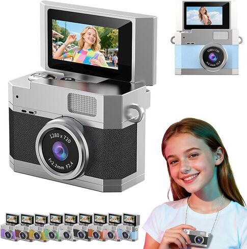 Thumb-Sized Flip Screen Mini Camera, 1080P Retro CCD Digital Camera with 180° Flip, Portable Keychain Camcorder, Beauty Filters & Fill Light, for Travel Vlog Students Beginners (Blue,128GB) in Kuwait