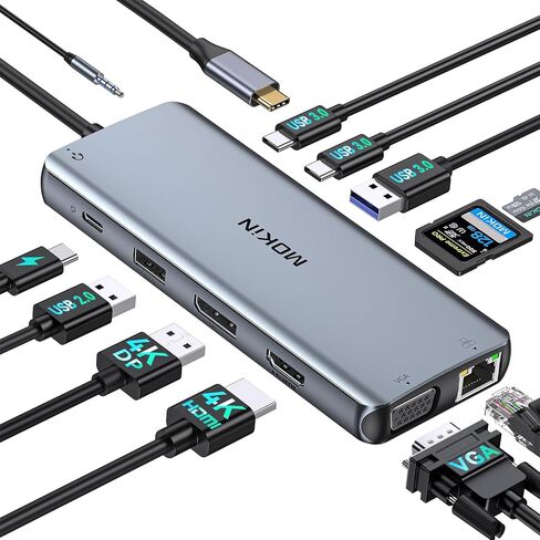 محطة إرساء MOKiN شاشة مزدوجة، محطة إرساء 12 في 1 USB C 3 شاشة، محول USB C متعدد المنافذ مع 4K HDMI وDP وVGA وEthernet و100W PD و4 USB وقارئ بطاقات SD/TF لأجهزة Dell HP Lenovo in Kuwait