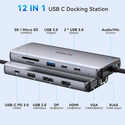محطة إرساء MOKiN شاشة مزدوجة، محطة إرساء 12 في 1 USB C 3 شاشة، محول USB C متعدد المنافذ مع 4K HDMI وDP وVGA وEthernet و100W PD و4 USB وقارئ بطاقات SD/TF لأجهزة Dell HP Lenovo in Kuwait